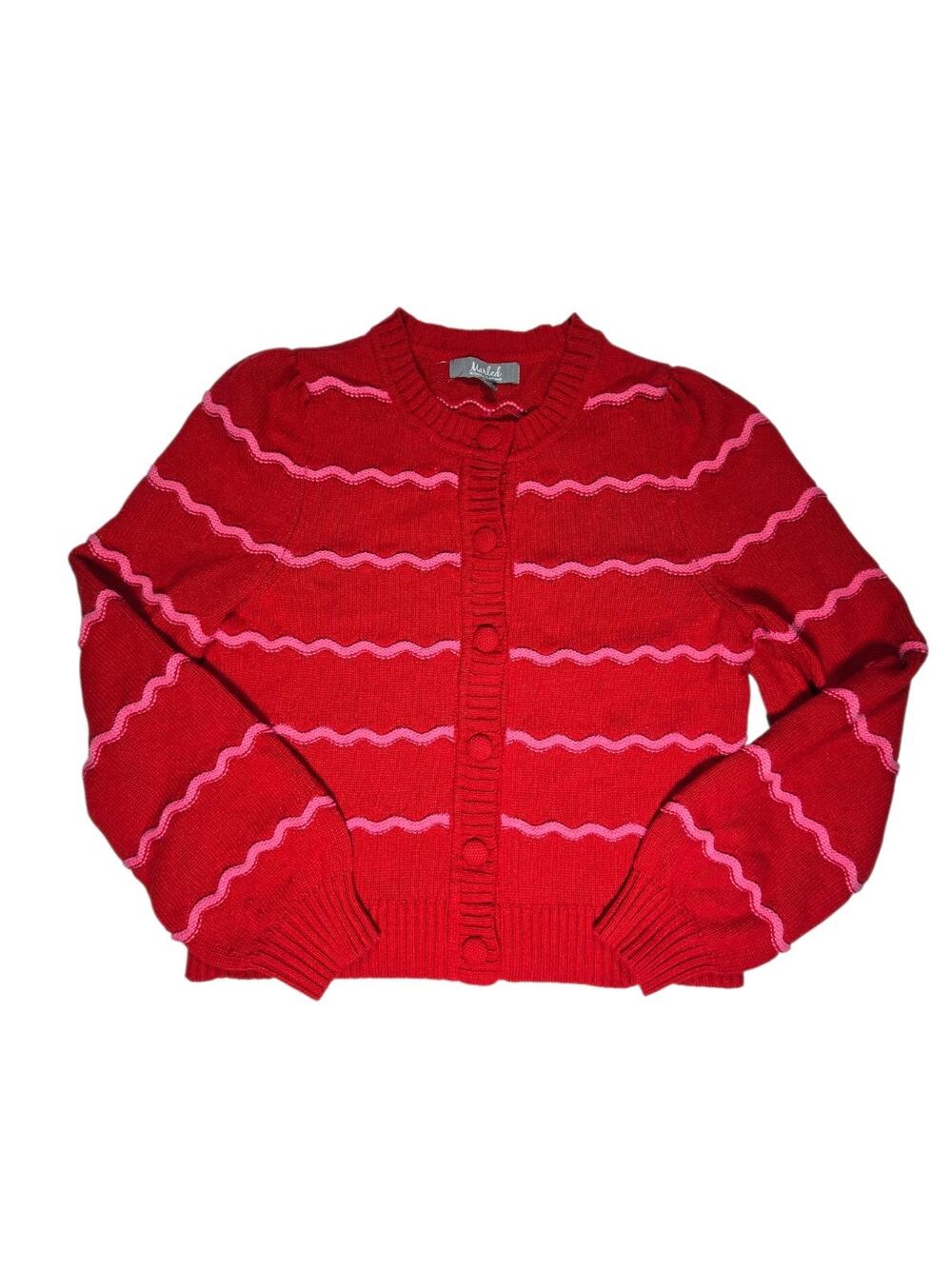 ❤️🩷 NWT Marled Red Pink Wavy Stripe Cardigan Sweater S Puff Sleeve Preppy 🩷❤️